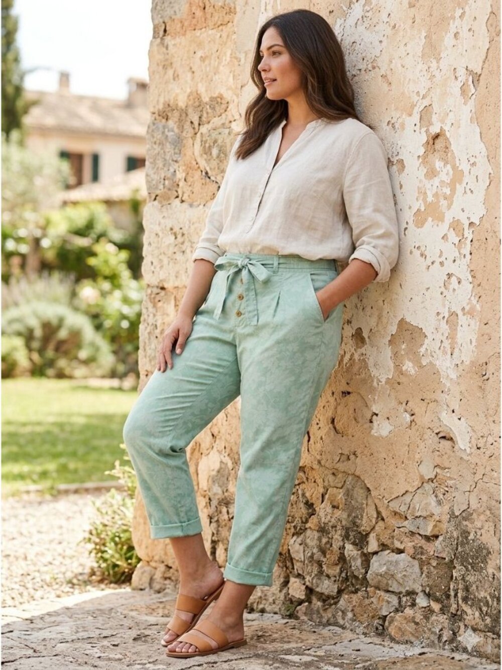 Sundance Womens Bastille Easy Pants Size 14P Green Floral Button Fly Tapered